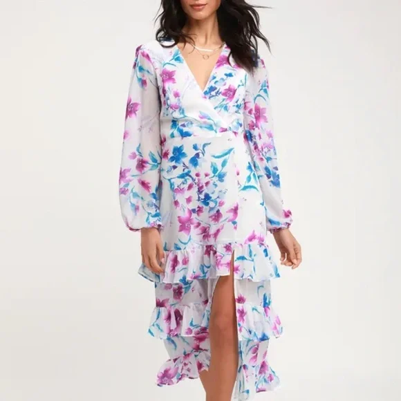 NWT Lulu’s Sweet Sunday Floral Print Long Sleeve Midi Dress Medium - Picture 1 of 14